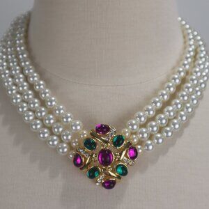 ❄️ Vtg 80's Necklace Choker Pearls Gold Pendant Gem Stones Rhinestone Party